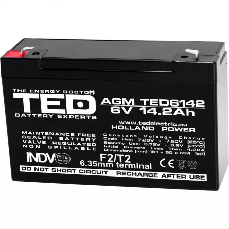 Acumulator 6V Stationar VRLA, Dimensiuni 151 x 50 x 95 mm, Baterie 6V 14.2Ah F2, TED Electric TED003034