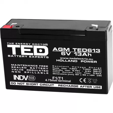 Acumulator 6V Stationar VRLA, Dimensiuni 151 x 50 x 95 mm, Baterie 6V 13Ah F1, TED Electric TED003010