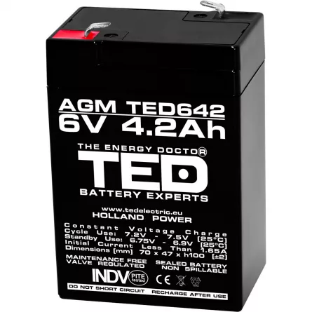 Acumulator 6V Stationar VRLA, Dimensiuni 70 x 48 x 101 mm, Baterie 6V 4.2Ah, TED Electric TED002914