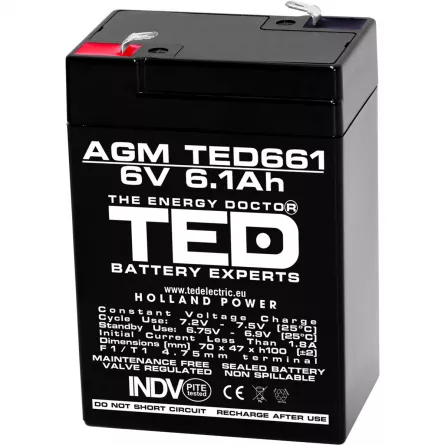 Acumulator 6V Stationar VRLA, Dimensiuni 70 x 48 x 101 mm, Baterie 6V 6.1Ah, TED Electric TED002938