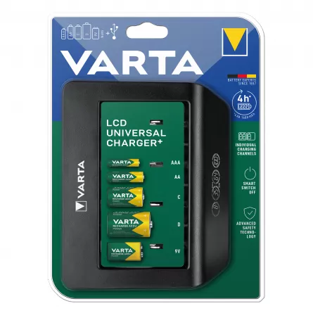 Incarcator RESIGILAT Varta Universal LCD Charger Plus Acumulatori AA R6 AAA R3 C R14 D R20 9V 6LR61 6LF22 57688