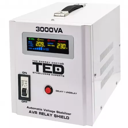 Stabilizator RESIGILAT tensiune 1800W 230V cu 2 iesiri Schuko si sinusoidala pura + ecran LCD cu valorile tensiunii, TED Electric TED000149