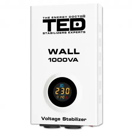 Stabilizator RESIGILAT tensiune 600W 230V cu 2 iesiri Schuko si sinusoidala pura + ecran LCD si cleme prindere in perete, TED Electric TED000057