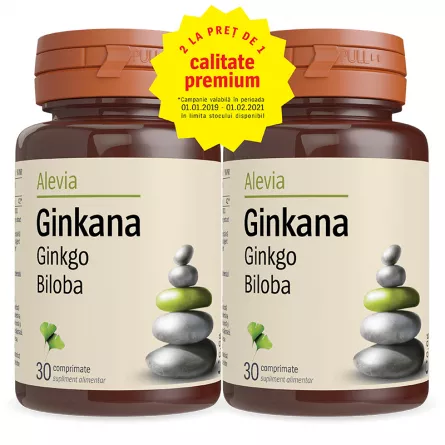 Pachet Ginkana Ginkgo Biloba 40 mg, 30 comprimate, Alevia (1+1), [],ivonafarm.ro