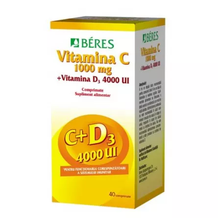 Vitamina C 1000mg + Vitamina D3 4000 UI, 40 comprimate, Beres Pharmaceuticals Co, [],ivonafarm.ro