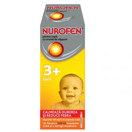 Nurofen 100mg pentru copii 3 luni aroma de cÄƒpÈ™uni, 100 ml, Reckitt Benckiser Healthcare, [],ivonafarm.ro