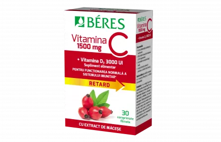 Vitamina C 1500 mg comprimat filmat RETARD + Vitamina D3 3000 UI, 30 comprimate, Beres Pharmaceuticals Co, [],ivonafarm.ro