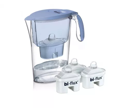 Pachet Cana filtranta de apa Laica Clear Line, 2.3 litri, Albastru + 3 filtre Bi-flux, [],laicashop.ro