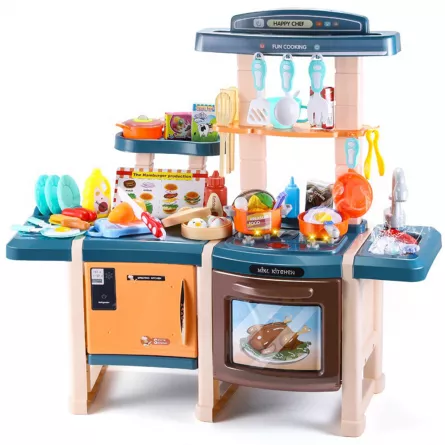 Bucatarie Dubla Completa Multifunctionala Karemi, Chiuveta cu Circuit de Apa, Masina de Spalat Vase, Cuptor, Oala sub Presiune, Ustensile, Produse, Legume, Lumini si Sunete, 42 piese, Albastru multicolor, [],https:lilarossa.ro