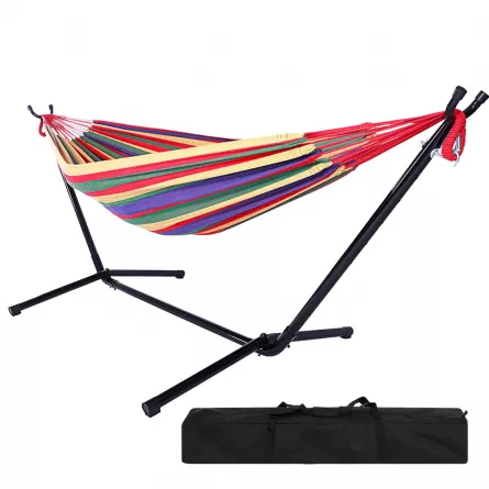 Hamac Karemi, pentru doua persoane, cu suport metalic si geanta de transport, multicolor, [],https:lilarossa.ro