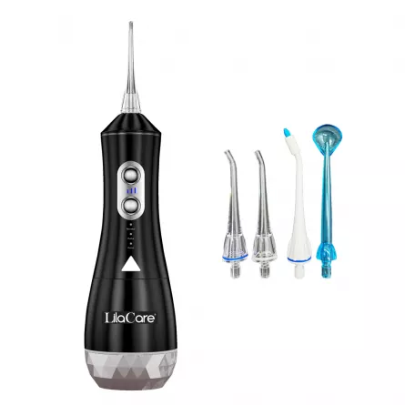 Irigator oral Lila Care, portabil, USB, jet de apa dentar, rezervor de apa impermeabil, 320 ml, rezistent la apa, 4 capete inlocuibile, Negru, 506, [],https:lilarossa.ro