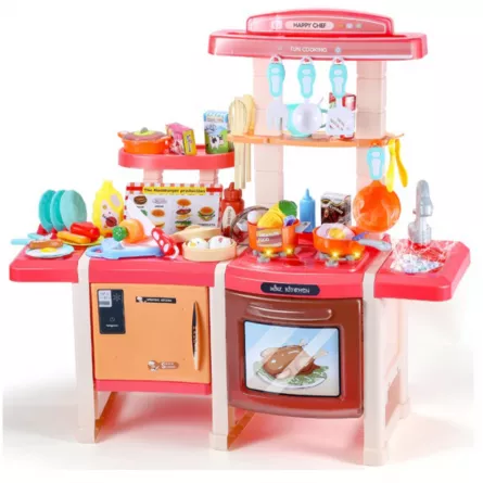 Bucatarie Dubla Completa Multifunctionala Karemi, Chiuveta cu Circuit de Apa, Masina de Spalat Vase, Cuptor, Oala sub Presiune, Ustensile, Produse, Legume, Lumini si Sunete, 42 piese, Roz / Portocaliu, [],https:lilarossa.ro