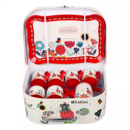 Set pentru bucatarie copii Karemi, cu piese pentru ceai, cu ceainic, cani si platou, Rosu / Alb, [],https:lilarossa.ro