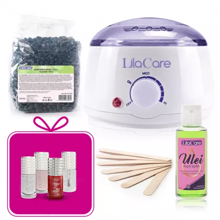 Kit epilare cu ceara granule azulene 1 x 400 g, 1 x incalzitor ceara, 1 x ulei dupa epilare, 1 x set 10 spatule, [],https:lilarossa.ro