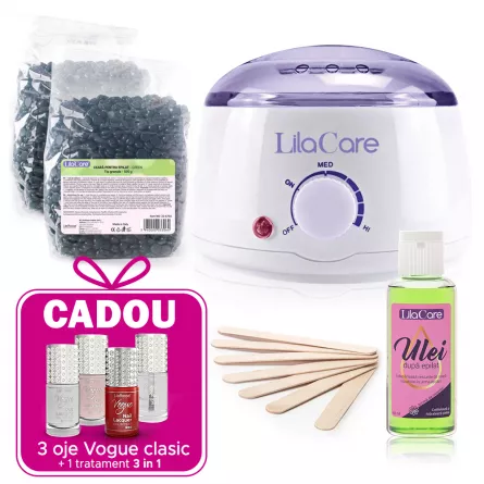 Kit epilare cu ceara granule azulene 2 x 500 g, 1 x incalzitor ceara, 1 x ulei dupa epilare, 1 x set 10 spatule, [],https:lilarossa.ro