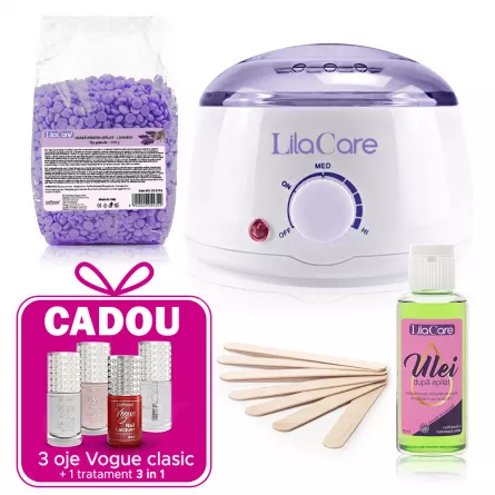 Kit epilare cu ceara granule lavanda 1 x 400 g, 1 x incalzitor ceara, 1 x ulei dupa epilare, 1 x set 10 spatule, [],https:lilarossa.ro