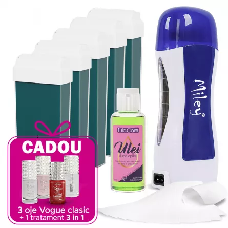 Kit epilare Lila Care cu ceara roll-on Silky Skin Azulene 5 x 100 ml, 1 x incalzitor ceara, 1 x ulei dupa epilare, 1 x set 50 benzi epilare, [],https:lilarossa.ro