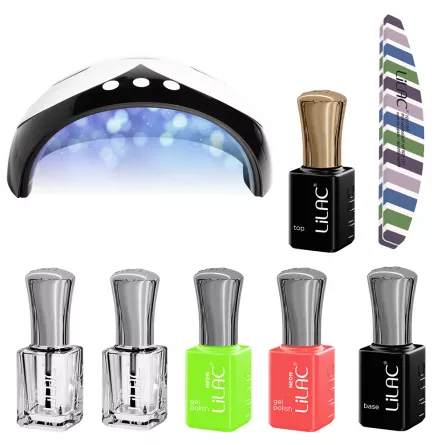 Kit oja semipermanenta Lilac Start Neon Colors, 6 oje, lampa 36 W si pila unghii, [],https:lilarossa.ro