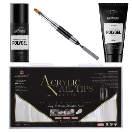 Kit Polygel Premium Clear, Lila Rossa, pensula, tipsuri, lichid modelare,  Fast Builder Polygel 60 g, [],https:lilarossa.ro