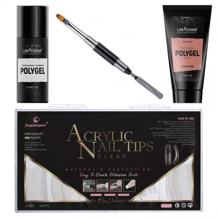 Kit Polygel Premium Cover Pink, Lila Rossa, pensula, tipsuri, lichid modelare, Fast Builder Polygel 60 g, [],https:lilarossa.ro