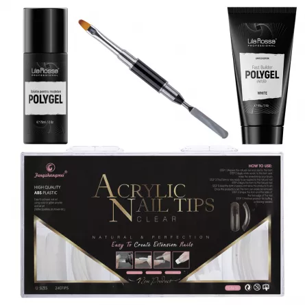 Kit Polygel Premium White, Lila Rossa, pensula, tipsuri, lichid modelare, Fast Builder Polygel 60 g, [],https:lilarossa.ro