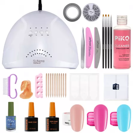 Kit unghii gel Perfect Nails 2, gel de constructie NailSchool, cu lampa LED Sunone+geluri color, nail art, [],https:lilarossa.ro