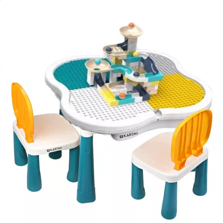 Masa interactiva tip lego KAREMI, pentru copii, cu 2 scaune + cuburi de asamblare, masuta activitati, [],https:lilarossa.ro