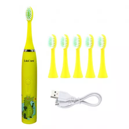 Periuta de dinti electrica Lila Care, pentru copii, rezistent la apa, cu incarcare USB, 6 capete inlocuibile, 4 moduri de vibratii, galben, [],https:lilarossa.ro