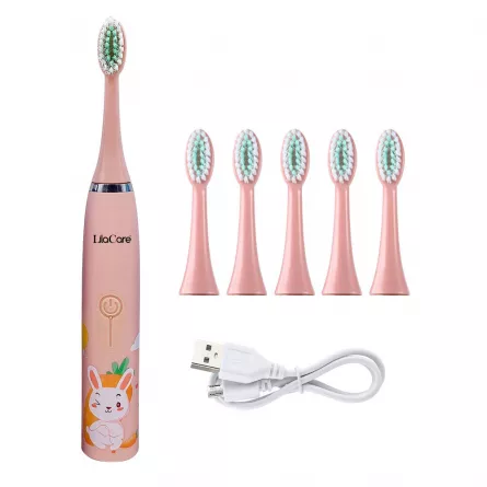 Periuta de dinti electrica Lila Care, pentru copii, rezistent la apa, cu incarcare USB, 6 capete inlocuibile, 4 moduri de vibratii, roz, [],https:lilarossa.ro