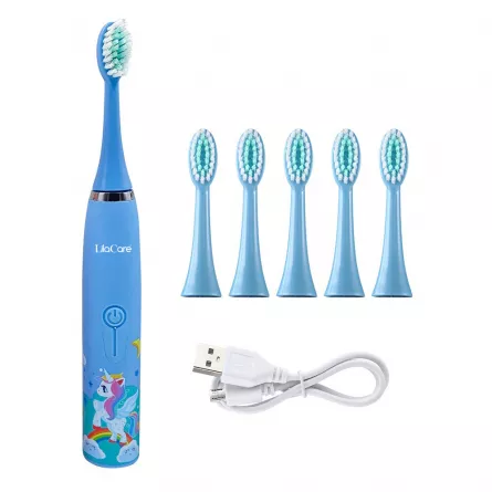 Periuta de dinti electrica Lila Care, pentru copii, rezistent la apa, cu incarcare USB, 6 capete inlocuibile, 4 moduri de vibratii, albastru deschis, [],https:lilarossa.ro