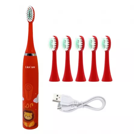 Periuta de dinti electrica Lila Care, pentru copii, rezistent la apa, cu incarcare USB, 6 capete inlocuibile, 4 moduri de vibratii, rosu, [],https:lilarossa.ro