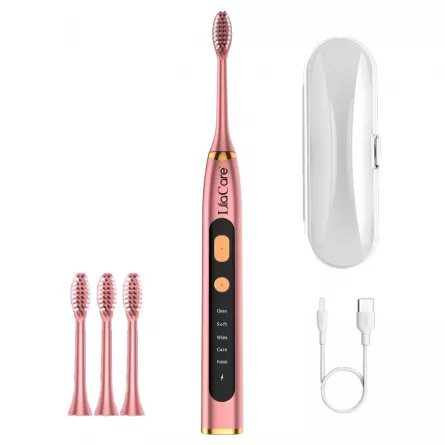 Periuta de dinti electrica LilaCare, rezistent la apa, incarcare USB, 5 moduri de vibratii, 4 capete inlocuibile, roz, [],https:lilarossa.ro