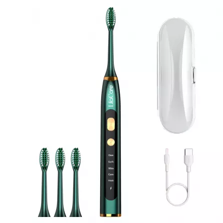 Periuta de dinti electrica LilaCare, rezistenta la apa, incarcare USB, 5 moduri de vibratii, 4 capete inlocuibile, verde, [],https:lilarossa.ro