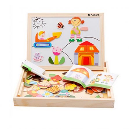 Puzzle Karemi din lemn, tabla cu 2 fete, magnetica si table pentru creta, cu personaje, [],https:lilarossa.ro