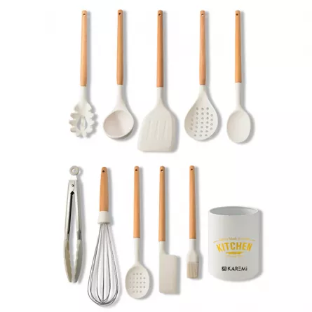 Set 10 ustensile de bucatarie Karemi, din silicon termorezistent si maner lemn, alb, [],https:lilarossa.ro