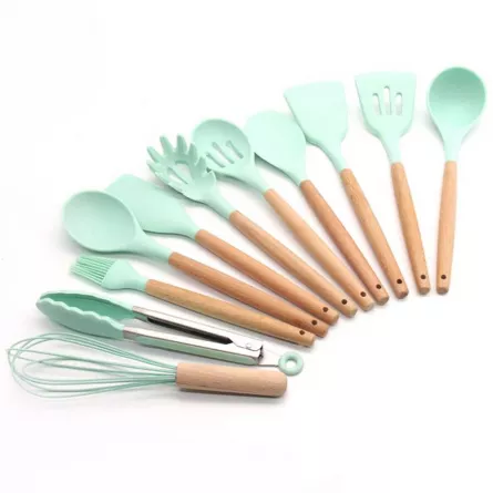 Set 12 ustensile de bucatarie Karemi, din silicon termorezistent si maner lemn, verde pal, [],https:lilarossa.ro
