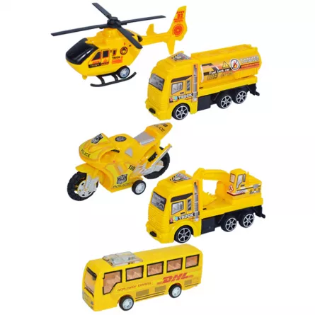 Set 5 masinute Karemi, seria de inginerie in constructii, cu elicopter, motocicleta, autobuz, cisterna, excavator, galbene, [],https:lilarossa.ro