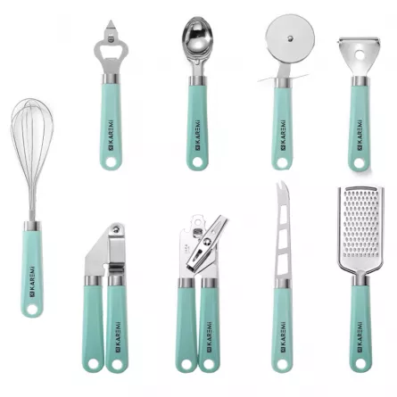 Set 9 ustensile de bucatarie Karemi, din otel inoxidabil si maner din silicon termorezistent, nuanta mint, [],https:lilarossa.ro