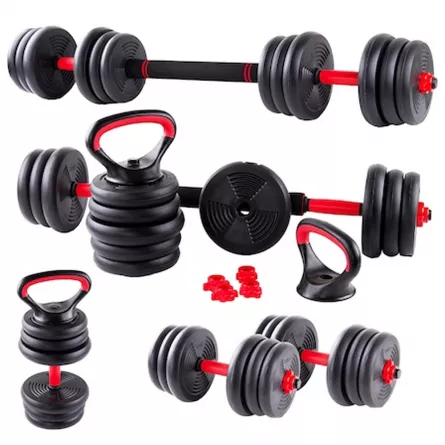 Set gantera reglabila kettlebell Karemi, 6 in 1, 20 kg, cu o multitudine de combinatii, negru cu rosu, [],https:lilarossa.ro