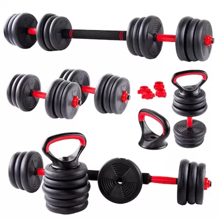 Set gantere reglabile kettlebell Karemi, 6 in 1, 30 kg, cu o multitudine de combinatii, negru cu rosu, [],https:lilarossa.ro