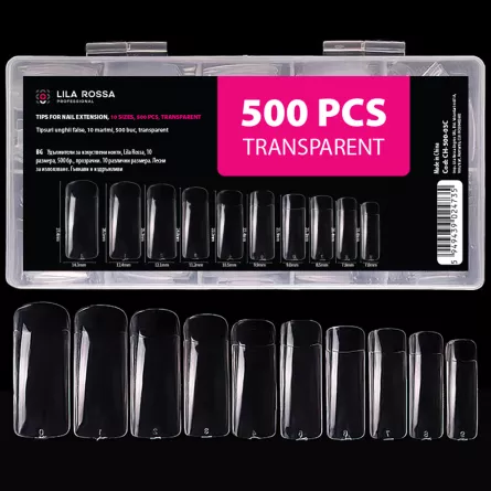 Tipsuri unghii false, 500 buc, 10 marimi, Lila Rossa, Transparent, [],https:lilarossa.ro
