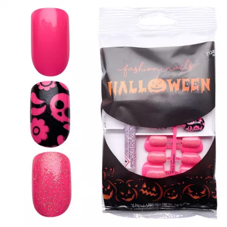 Tipsuri unghii false color press-on, Halloween Glitter pink, 24 buc + lipici, [],https:lilarossa.ro