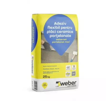 Adeziv flexibil pentru placi ceramice portelanate Weberset MAX2, ambalare 25 kg, culoare gri