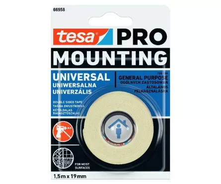 Banda dublu adeziva Tesa TS 66958 Mounting Pro Universal, dimensiune 1.5 m x 19 mm, culoare alba