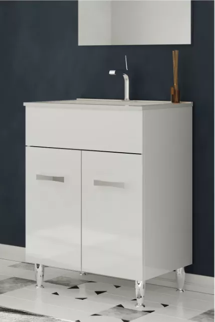 Baza mobilier baie Madrid cu lavoar ceramic, 2 usi, 61 cm, alb lucios