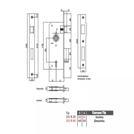 Broasca Kale 151R 35 pentru usi de interior, dimensiuni 90 x 35 mm