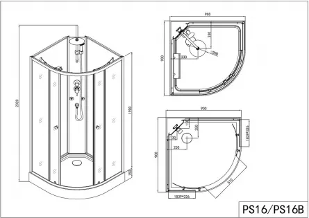 Cabina de dus cu hidromasaj semirotunda RELOAD PS16B, 90x90x232 cm