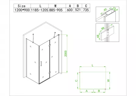 Cabina de dus model 601, dimensiuni 90 x 120 x 200 cm
