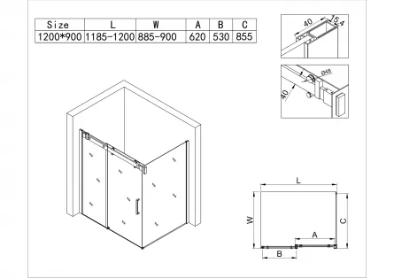 Cabina de dus model D04, dimensiuni 120 x 90 x 200 cm