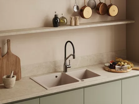 Chiuveta granit Kuchinox Milos SPM 4209, 86x49 cm, reversibila, ventil automat, bej